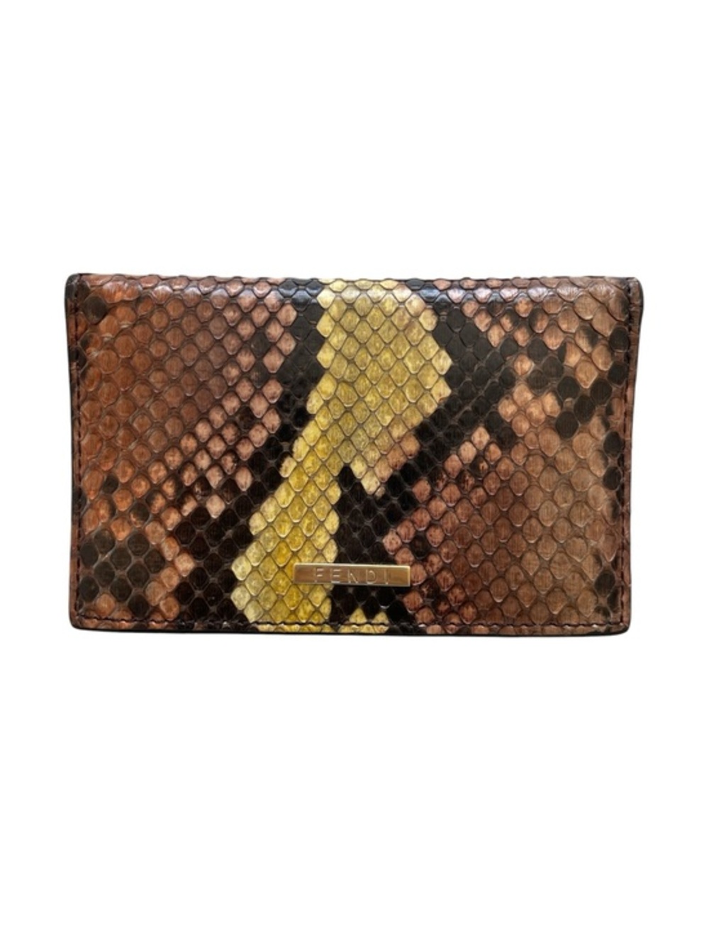 Authentic Fendi Python Leather Card Holder Wallet Brown Yellow Exotic Skin w/COA